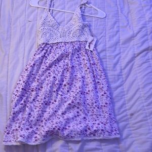 purple flower dress with crochet top and white trim